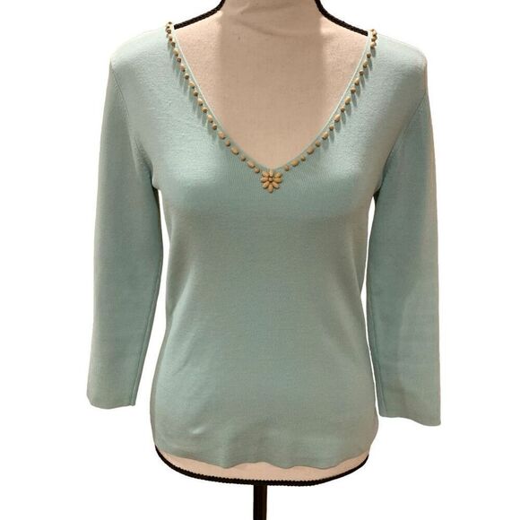 Tahari Arthur Levine Top Silk Blend Embellished V-Neck 3/4 Slv Pastel Green Sm. - Picture 1 of 8